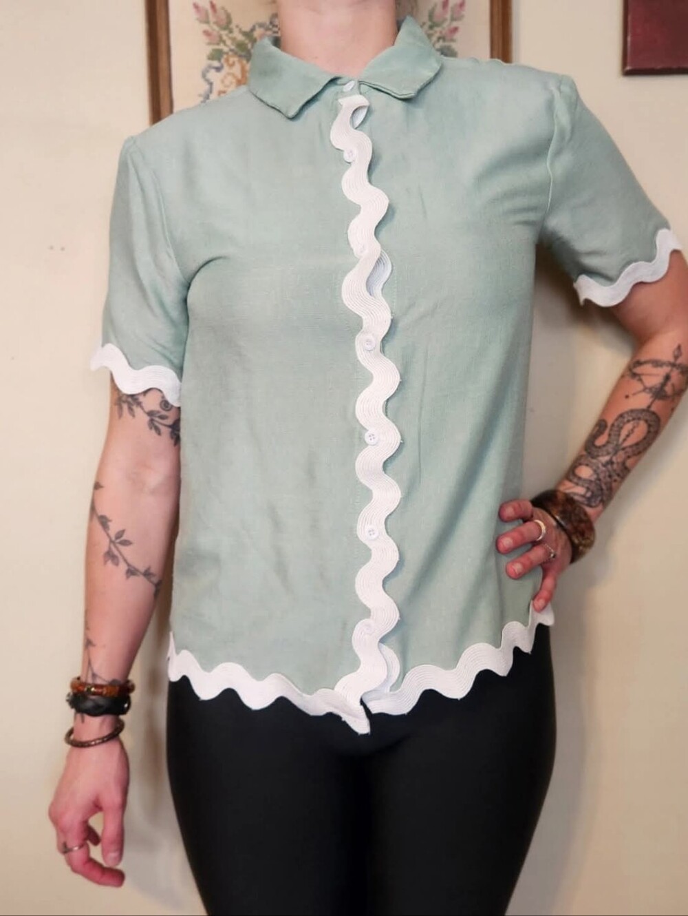 Vintage Sage Green Scalloped Trim Blouse